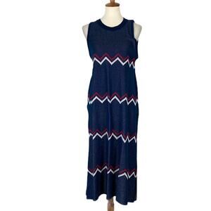 Red White Blue Knit Midi Dress MEDIUM Zig Zag Sleeveless Italian A-line $150 NEW